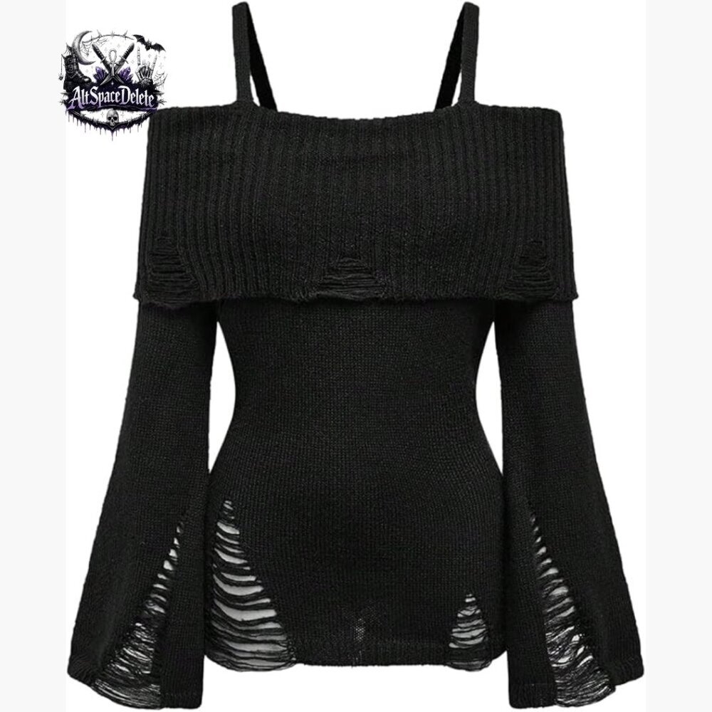 Women's Cold Shoulder Ripped Pullover Sweater Long Sleeve Fitted Goth Punk